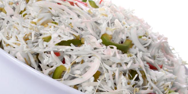 a bowl of shredded cabbage and bell peppers