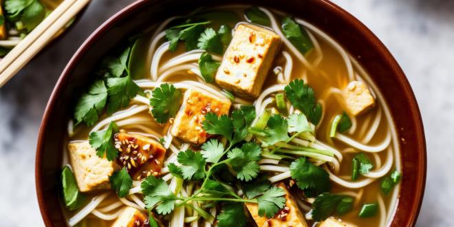 a bowl of vegtarian asian noodle soup with tofu